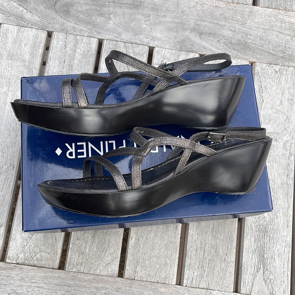 Donald J. Pliner Black Wedge Sandals with Metallic Straps